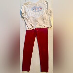 Girls White Long Sleeve Top with Snowman Appliqué & Red Leggings Set